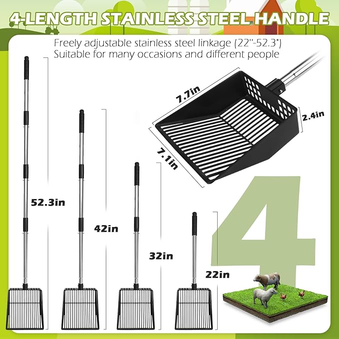 EXPAWLORER Large Chicken Poop Scooper,Adjustable Chicken Coop Rake with Stainless Steel Long Handle,Heavy Duty Litter Sifting Shovel Chicken Coop Accessories(22"-52.3")