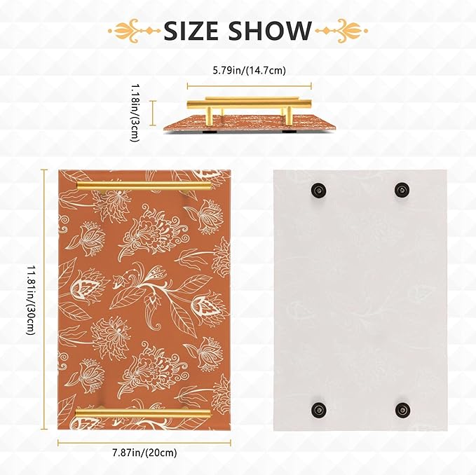 Bathroom Vanity Tray Counter Organizer, Orange Floral Pattern Decorative Tray with Handles Countertop Storage for Bathroom Bedroom Kitchen Home Farmhouse