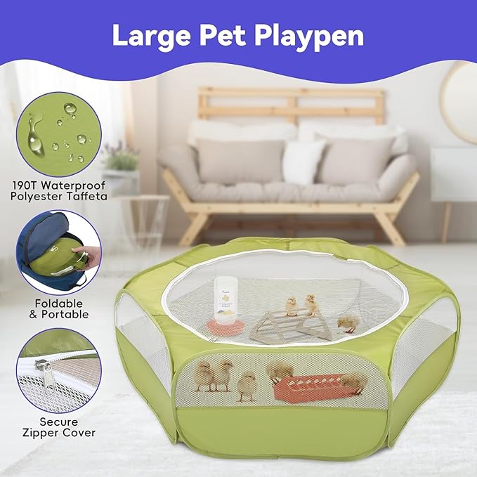 Pawaboo 5-in-1 Chicken Brooder Box for Chick Starter Kit, Includes Pet Cage Tent, Chicks Perch, Chick Feeder, 1.1L Chicks Waterer, Chicken Supplies (Brooder Set), Green + Red + Wood Color