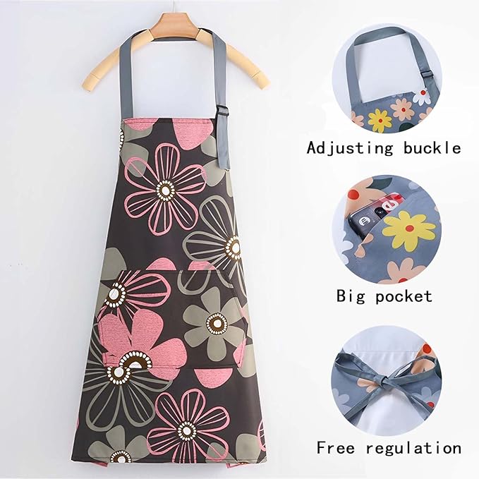 Floral Aprons with Pocket Blooming Women Waterproof Apron Adjustable Neck Long Ties Women Men Cook Baking Garden