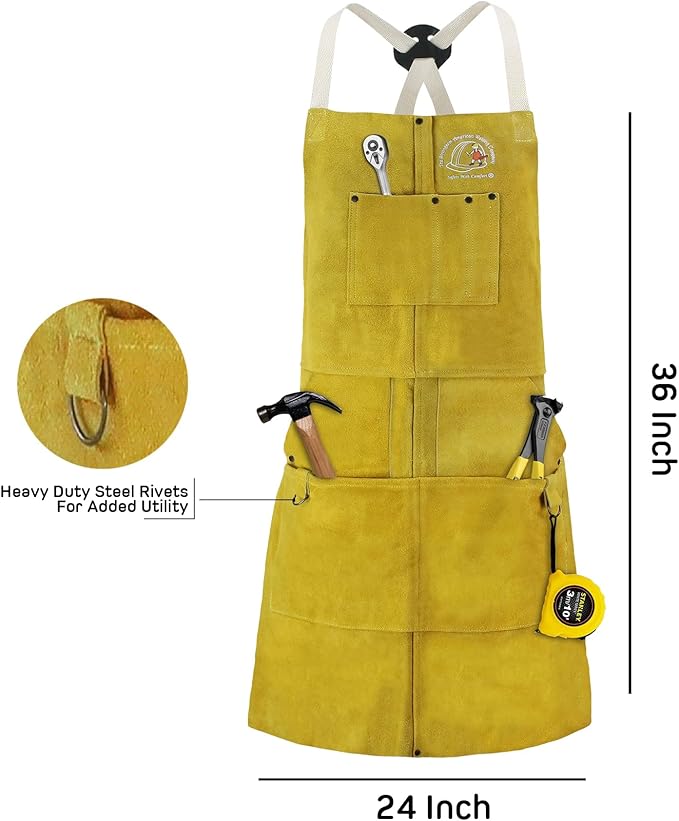 Strongarm Welding Aprons - FR Cotton & Split Leather Options - X-Tech Cross-Back Straps - Pockets - 24x36 / 24x42