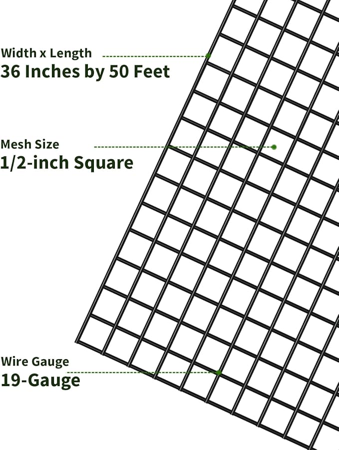 Black Hardware Cloth 1/2 inch 36'' x 50' 19 Gauge - Coated Wire Mesh Roll, Chicken Wire Fencing, Welded Wire Fence Roll, Chicken Wire Mesh, Garden Fencing, Rabbit Wire