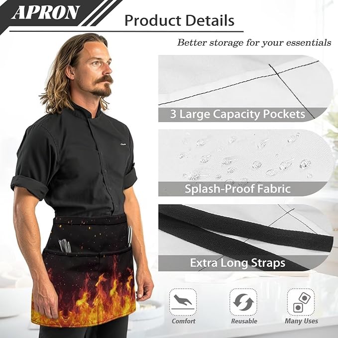 Waist Apron with 3 Pockets Waterproof 13 Inch Short Half Waist Aprons Women Men Server Aprons Waitress Waiter Apron