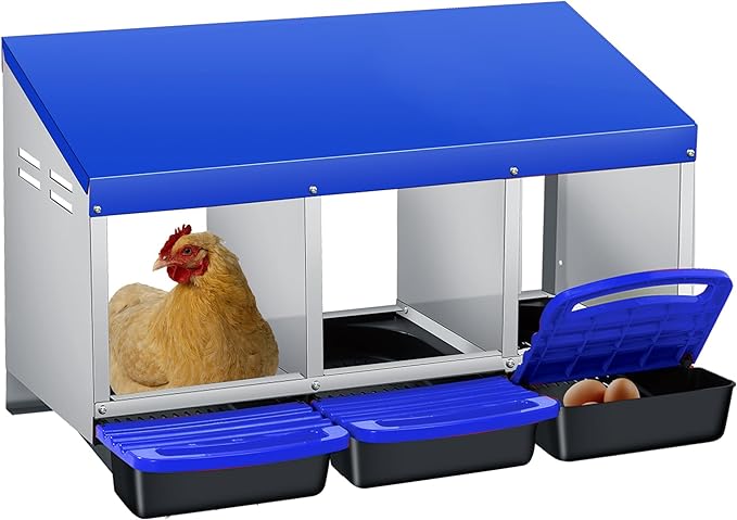 3-Hole Chicken Nesting Box, Roll Away Nest with Removable Tray, Easy Egg Collection & Cleaning, Wall-Mount Nesting Boxes for Hens, Chicken Coop - Blue