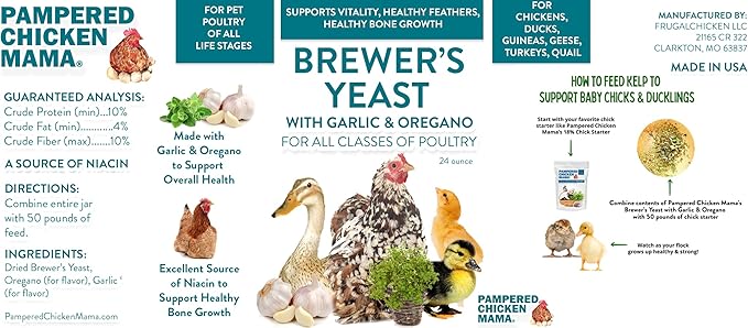 Brewer's Yeast for Ducks & Chickens with Garlic & Dried Oregano (24 Ounce) | Niacin for Ducks, Chicks, and Adult Chickens | Chicken Probiotic & Amino Acids| Pampered Chicken Mama (3 pounds)