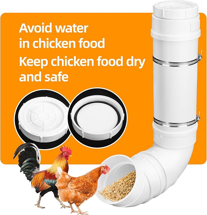 Automatic Chicken Feeder, 6 Pounds Capacity Heavy-Duty PVC Pipe No Waste Chicken Coop Feeder, Poultry Gravity Feed Port for Chicken Feeding