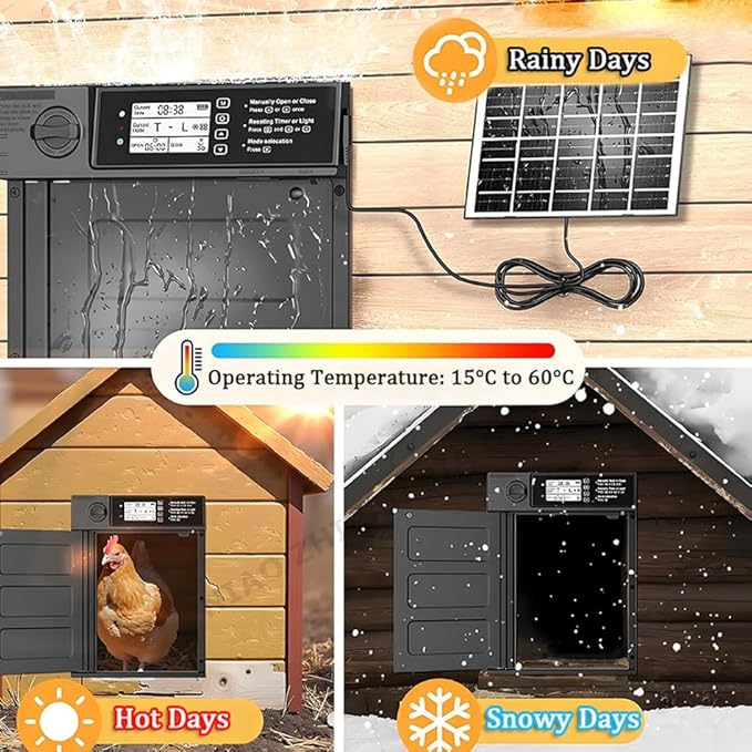 Automatic Chicken Coop Door Solar Powered with Timer, Light Sensor, Remote Control, LCD Display, Aluminum Alloy, Automatic Chicken Coop Door Chicken House Door Anti-Pinch Weatherproof