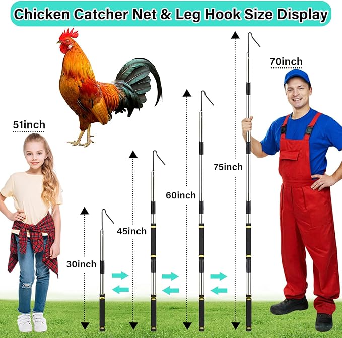 Chicken Catcher Net,37 to 93in Chicken Catcher Leg Hook Extra Long Handle Animal Catcher Pole Heavy Duty with Frosted Tube Extension Pole Poultry Hook Fowl Catcher (Silver 75in)