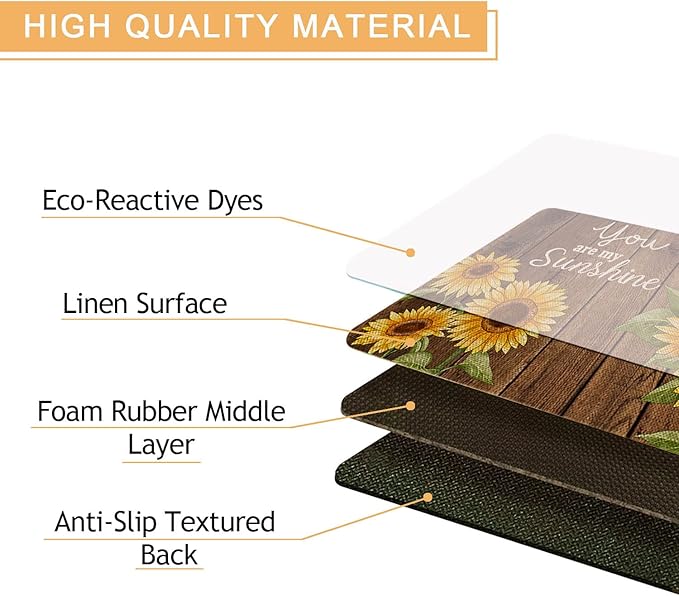 Roszwtit Farmhouse Kitchen Rugs and Mats Set of 2, Sunflower Kitchen Mat, Seasonal Spring Summer Cooking Sets Low-Profile Non-Slip Floor Mats for Home Kitchen Decor - 17x29 and 17x47 Inch