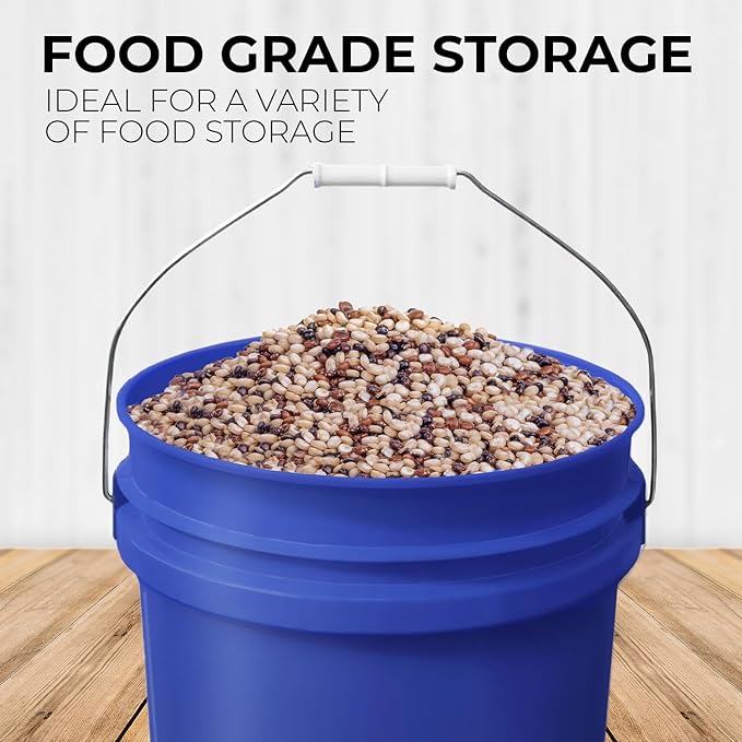 5-Gallon Blue Bucket Pail with Gamma Seal Screw on Airtight Lid, Metal Handles with Plastic Grip for Easy Carrying, Easy Stack and Store, Heavy-Duty 90MIL Extra Durable, Food Grade, BPA Free - 1 Pack