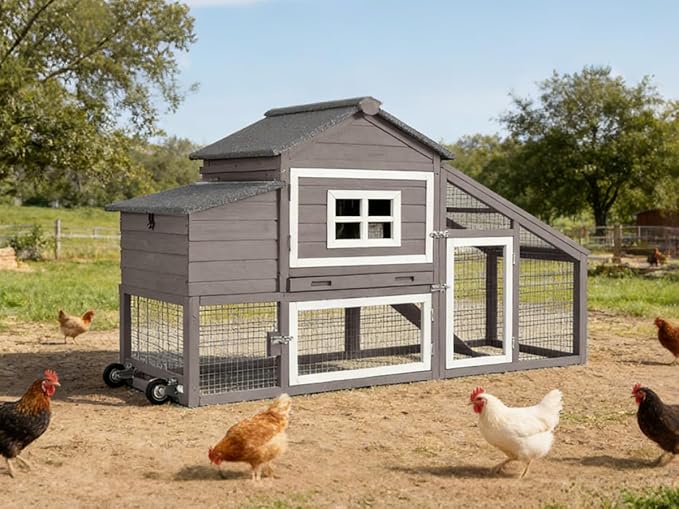 GUTINNEEN Large Chicken Coop with Wheels, Expandable Mobile Outdoor Chicken House, Hen House Poultry Cage with Nesting Box, Leakproof Pull-Out Tray & UV-Resistant Roof – Brown