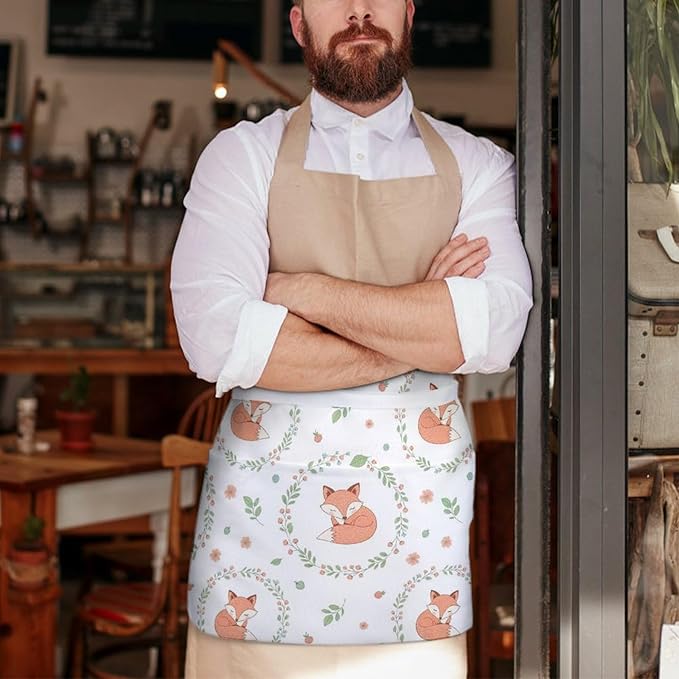 Unisex Chef Waiter Apron Waist Half Short Serving Aprons with 3 Pockets