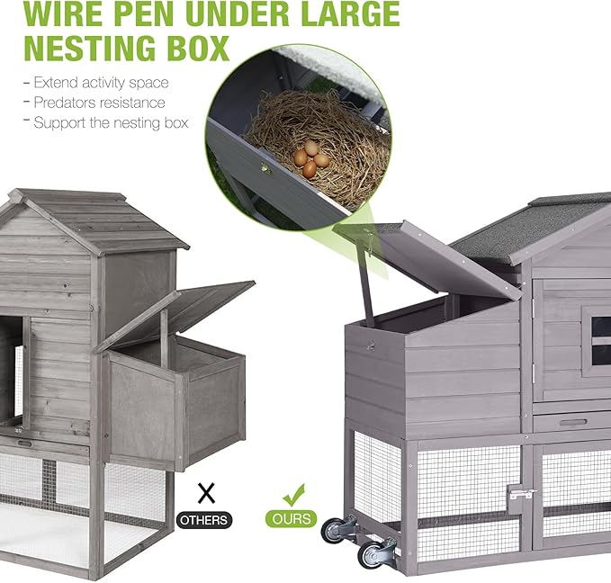 GUTINNEEN Chicken Coop Mobile Hen House Wooden with Run Poultry Cage with Nesting Box,Movable