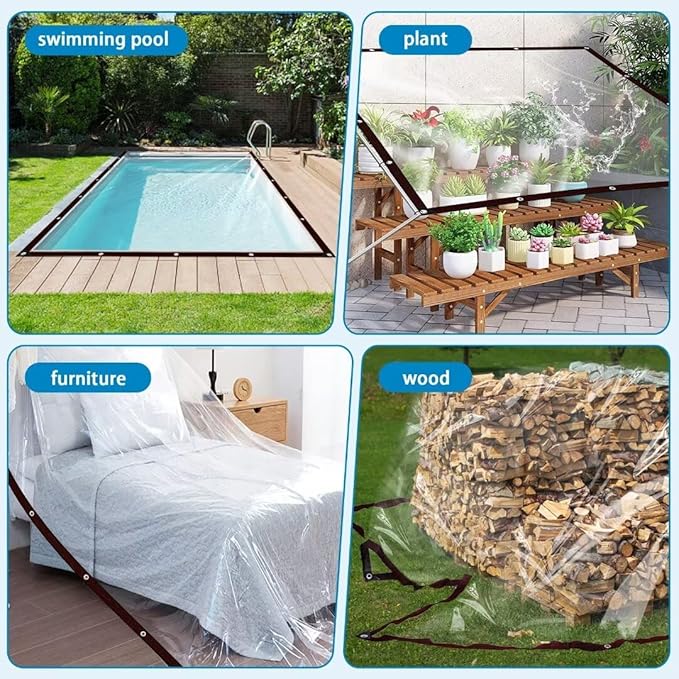 Clear Tarps with Grommets 6x10ft,Heavy Duty Waterproof Tarp Cover,Transparent PVC Vinyl Tarpaulin for Outdoor,Plant,Garden,Chicken Coop,Patio,cat Litter