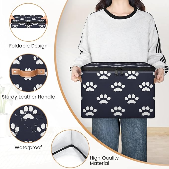 Storage Cubes with Lid Fabric Storage Bins Boxes PU Leather Handles, Dog Paw Print Closet Organizer Container Foldable Washable Shelf Cloth Basket, Dog Paw Print