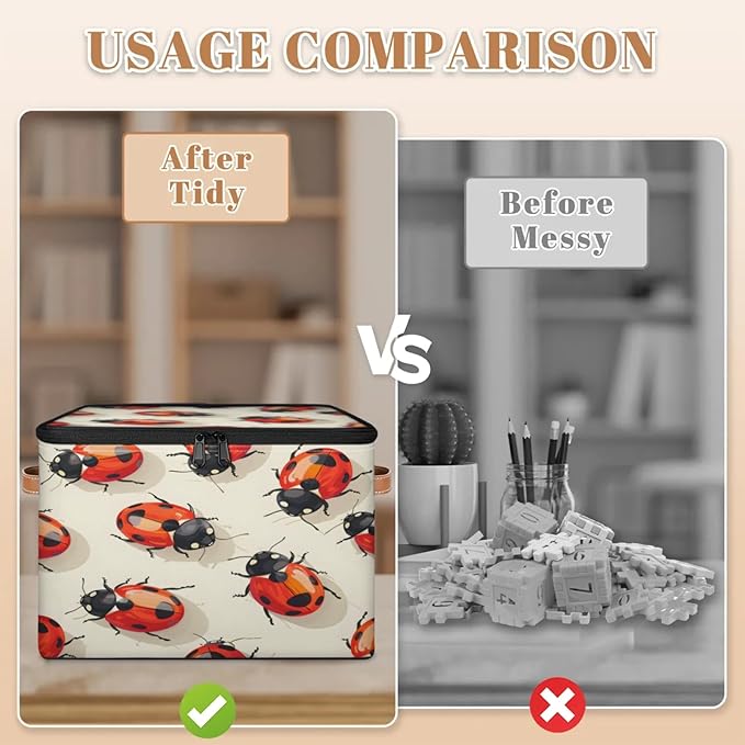 Storage Cubes with Lid Fabric Storage Bins Boxes PU Leather Handles, Cute Ladybird Closet Organizer Container Foldable Washable Shelf Cloth Basket, Red LabyBirds Ladybugs