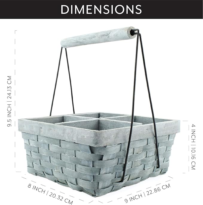 AuldHome Design Wood Basket Caddy (Gray Washed) 4-Compartment Carry-All Divided Organizer, Great for Easter/Spring Gift Basket