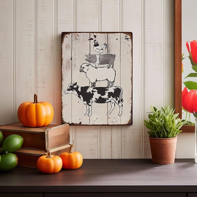 Farm Animals Metal Sign Vintage Style Wall Decor for Rustic Farmhouse Gift 12x8 Inches