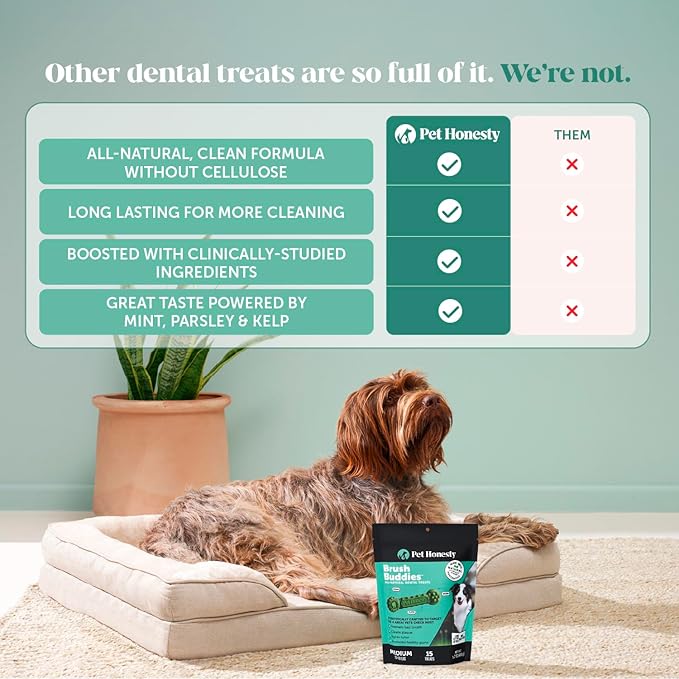 Pet Honesty Brush Buddies All Natural Dog Dental Treats for Dogs – Long Lasting Dental Sticks for Dogs, Teeth Cleaner, Breath Freshener, Plaque & Tartar Remover – Medium Sized Dogs (15 Count)