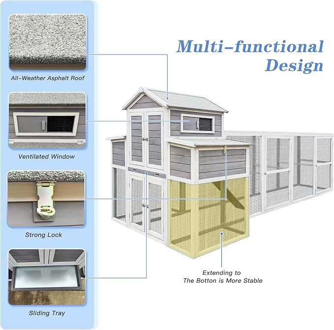 Large Wooden Chicken Coop Outdoor Hen House with Nesting Box，Walk-in Poultry Cage with Secure Locks, Metal Mesh Run for Backyard Farm Use (Gray 150")