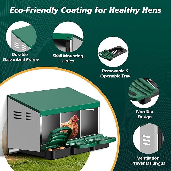 Chicken Nesting Boxes, 3 Compartments Roll Away Egg Laying Nest Box for Hens, Galvanized Steel Nesting Boxes for Chickens with Rollout Egg Drawer, Protects Eggs for Chicken Coop