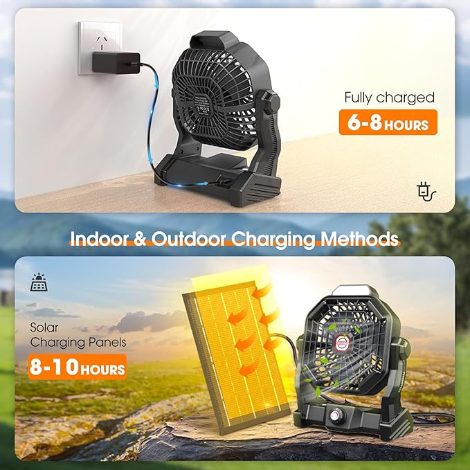 Drchop 30000mAh Solar Camping Fan, 10W Solar Powered Fans with Solar Panel, Rechargeable Fan & Led Lantern, Battery Operated Powered Outdoor Tent Fans for Camping Summer Essentials (Black)