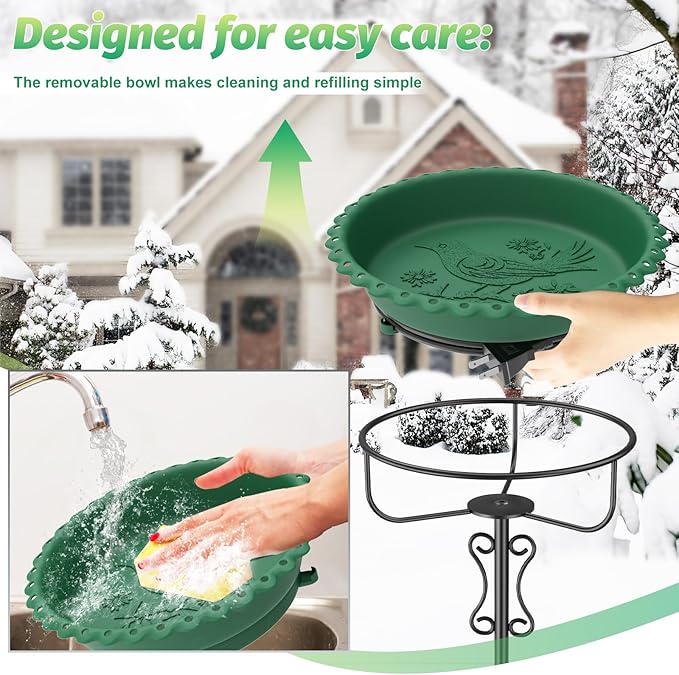 Heated Bird Bath for Outside Winter,100W Thermostat Control Birdbath Bowl with Metal 5-Prong Base,Freestanding Heated Bird Baths for Outdoors Garden Patio Yard Lawn (Green)