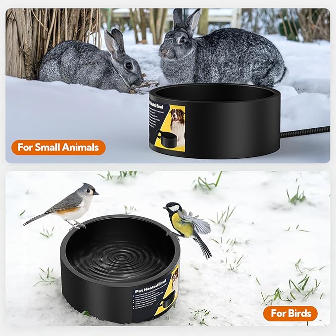 Heated Water Bowl for Dogs & Cats, Waterproof Heated Dog Bowl with Chew Resistant Cord, Large Heated Pet Bowl, Provide Warmable Water for Dogs, Cats, Chicken, Birds in Winter 3.2L（Black）