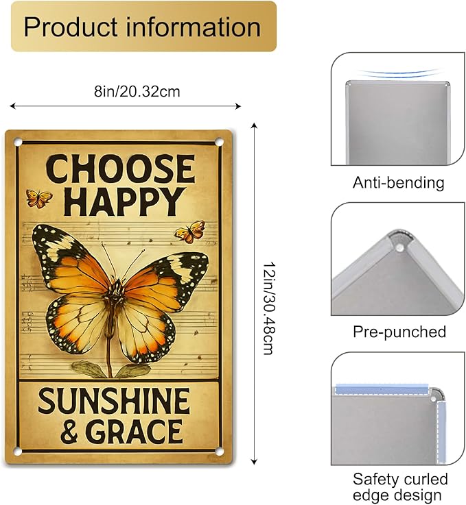 Motivational Wall Decor Metal Sign – Inspirational Butterfly Wall Art, Vintage Tin Sign with “Choose Happy” Quote – Rustic Farmhouse Butterfly Wall Decor for Bedroom, Living Room, or Country Home