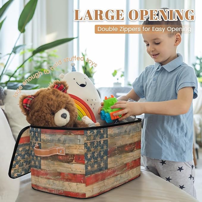 American flag Storage Bins with Zipper Lid, Vintage Wooden Lidded Storage Baskets Boxes Foldable Organizer with Leather Handles for Clothes Closet Shelf