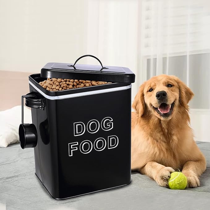 Dog Food Storage Container Farmhouse Pet Food Storage Containers with Lid and Scoop, Perfect Vintage Canister Treats Tin for Kitchen Countertop, Shelf, Great Gift for Pet Owners - Dog Food - Black
