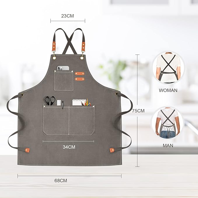 Chef Apron for Men Women Canvas Aprons with 3 Pockets Cross Back Resistant Work Apron for Cooking
