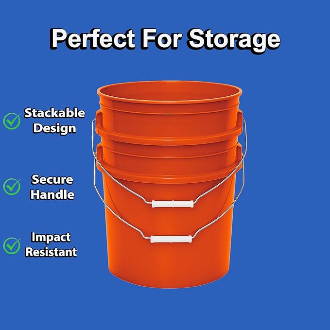 5-Gallon Bucket with Airtight Lid – Made in USA, Food Grade BPA Free Plastic, Heavy Duty Multi-Use, Metal Handle with Grip, Stackable Storage – Orange, 3 Pack