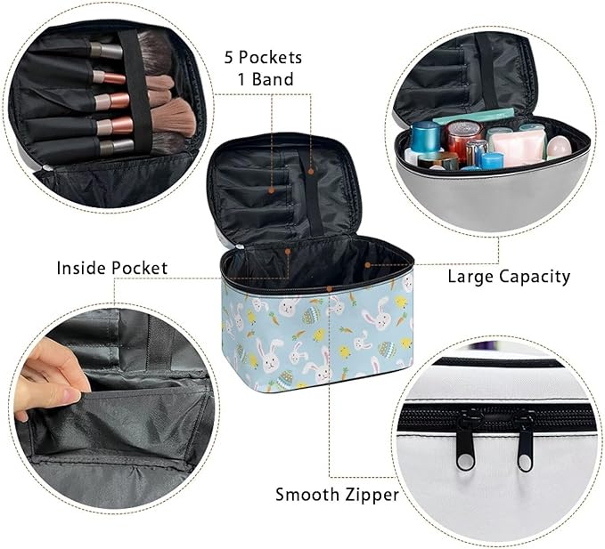 Rabbit Chicken Easter Eggs Carrot Print Travel Makeup Bags for Women Portable Tote Cosmetic Case with Carry Handle Toiletry Accessories Storage Organizer Bags Blue