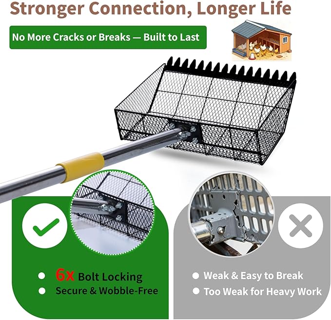 Chicken Coop Poop Scooper Rake for Sand - Lightweight Metal Cleaning Tool,Adjustable 24"-65" Handle, 12" Wide Sifter Shovel for Chicken Run,Litter Box,Dog Yard, Rabbit Hutch,Kids Sandboxes