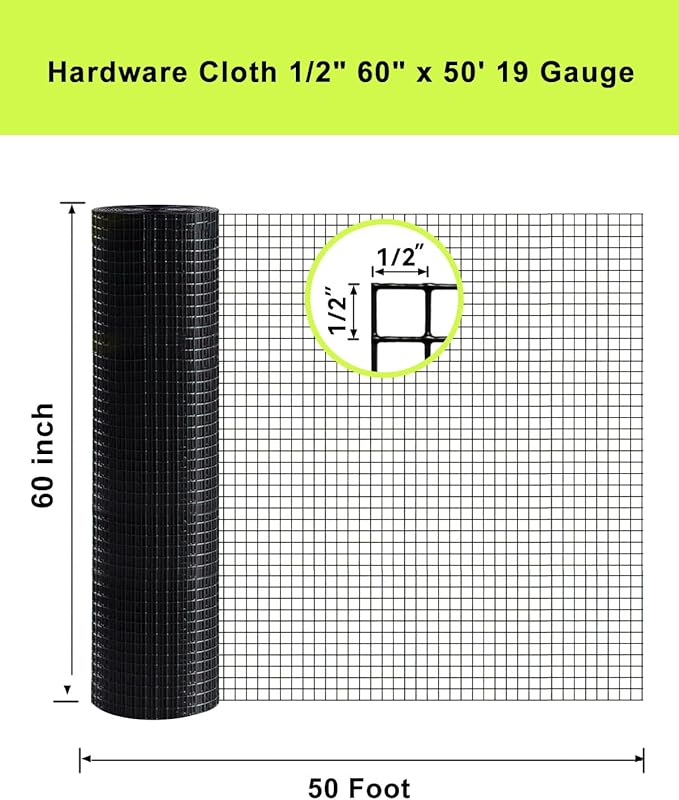Black Hardware Cloth 5 ft × 50 ft, 19 Gauge 1/2 inch Black PVC Vinyl Coated Welded Wire Fence Supports Poultry Netting Chicken Coop Cover Wire Fencing Black PVC Wire Mesh