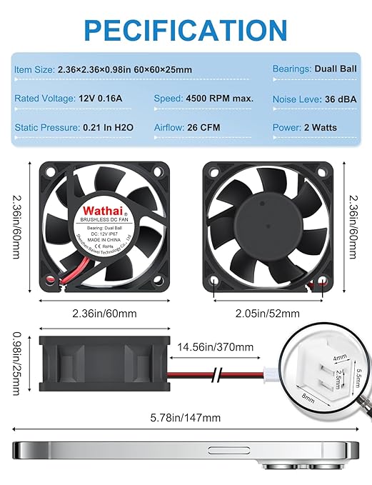 Wathai IP67 60mm x 25mm DC 12V Waterproof Small Fan Dual Ball High Speed DIY Cooling for RV Refrigerator, Computer Case, Generator, Terrarium, Solar Panel Battery Box 2 Pack