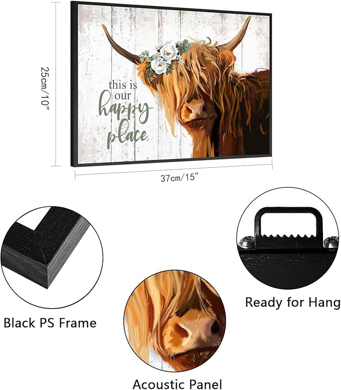 Highland Cow Decor Wall Art, Floral Farmhouse Cow Rustic Wall Decor, This is Our Happy Place Inspirational, Country Cattle Framed Painting for Living Room, Bedroom, Kitchen,Bathroom(10x14.5'')