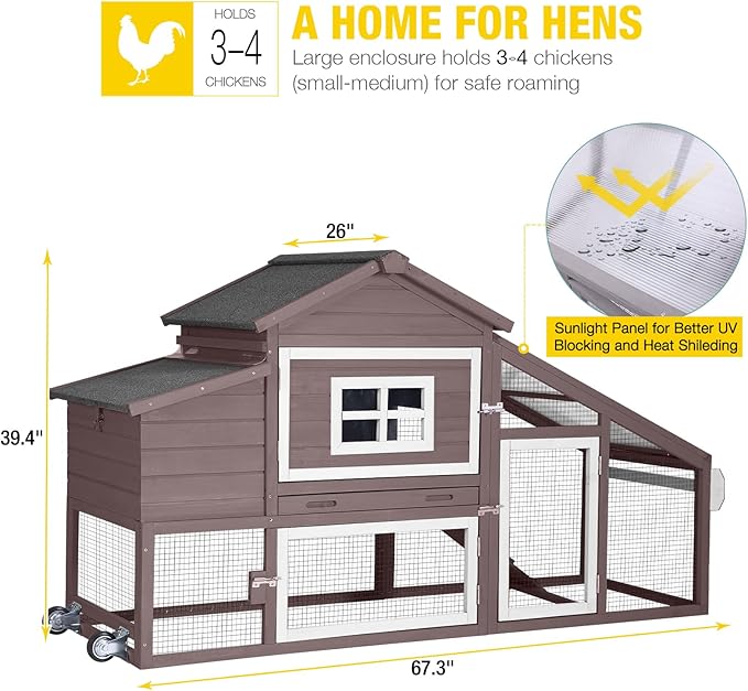 Aivituvin Chicken Coop with Run and Wheels, Mobile Outdoor Hen House Wooden Poultry Cage with Waterproof Roof (Brown, AIR23)