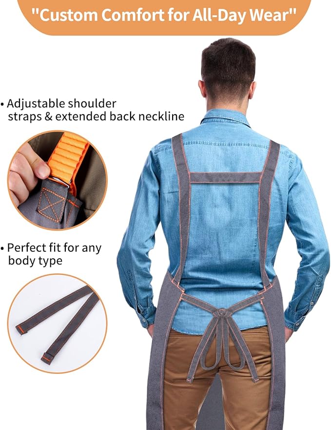 Adjustable Work Apron with Secure Multi Phone Pocket - Design for Cooking, BBQ, Gardening, Carpentry, Bartending, Serving