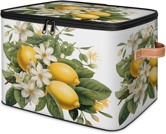 Lemon Fruits Storage Bins with Lids, White Flower Fabric Storage Boxes with Zipper, Collapsible Decorative Closet Organizer Cube for Clothes, Toys, Organizing, Shelves
