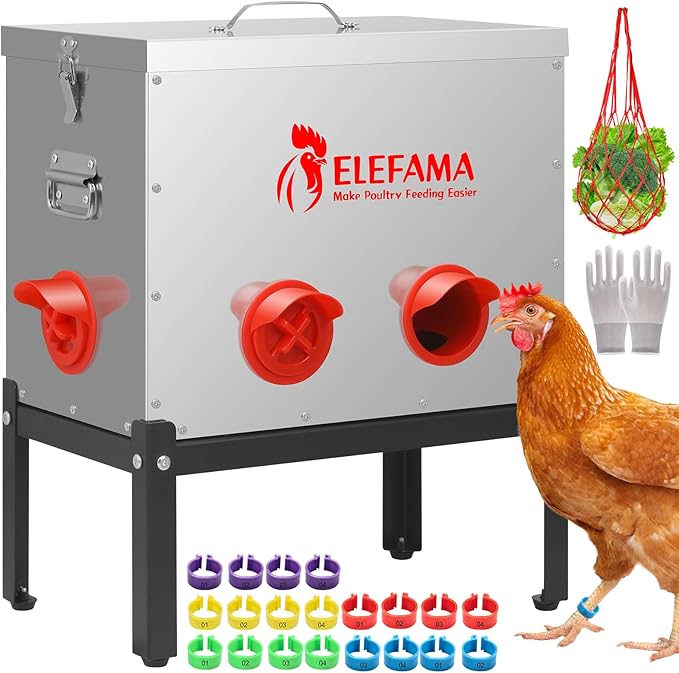 45 LB Automatic Chicken Feeder Metal Kit with Legs Locking Lid 6 Ports Large Poultry Feeder Vegetable Hanging String Bag Leg Rings Duck Chicken Coop Chick Feeder System Food Dispenser No Waste