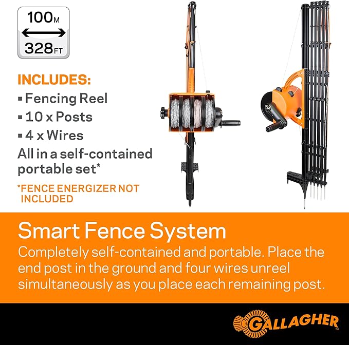 Gallagher Smart Fence 2 | Portable Electric Fence for Livestock Containment | Quick Install Temporary Field Fencing | 328ft of 4-Strand Electric Fencing with Built-in Posts and Reels