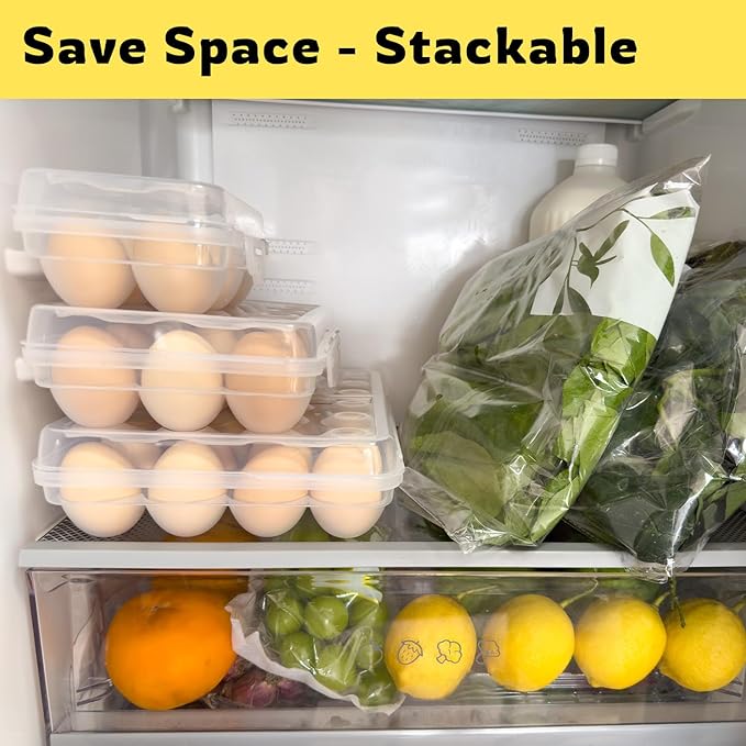 Egg Holder Camping, Egg Holder for Fridge, Egg Organizer for Refrigerator, Portable Egg Tray with Lid, Stackable Egg Storage with Safety Buckle, 15 Grid Egg Container, Clear White