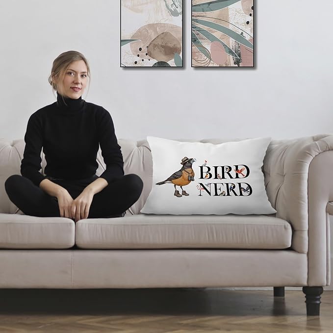 Funny Bird Nerd Pillow Covers 12x20, Gifts for Bird Lovers Watchers, Birds Watching Gifts Lumbar Throw Pillow Covers for Home Bedroom Living Room