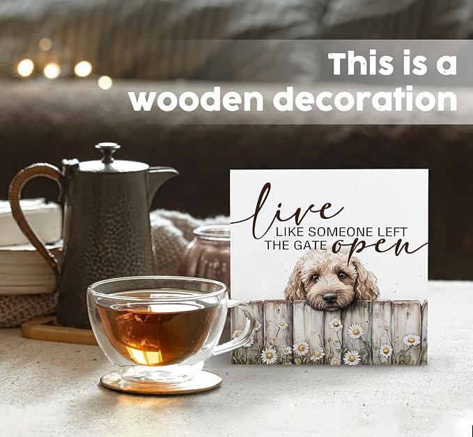 Goldendoodle Wooden Box Sign, Rustic Farmhouse Live Like Someone Left the Gate Open Signs for Home Decor,Farm Dog Office Kitchen Bedroom Decor,Goldendoodle Gifts for Kids Women Men,6x6