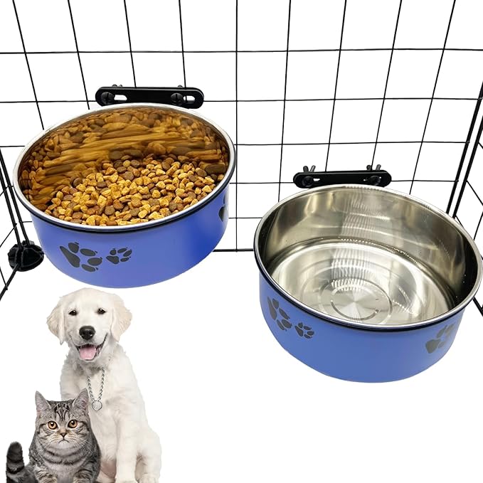 Dog Crate Food and Water Bowl 2Pcs Small Pet Hanging Kennel Removable Dish Feeding Cup with Holder No Spill for Medium Large Size Puppy Cat (Blue, 6.3''X2.5''&7.1‘’X2.7'')