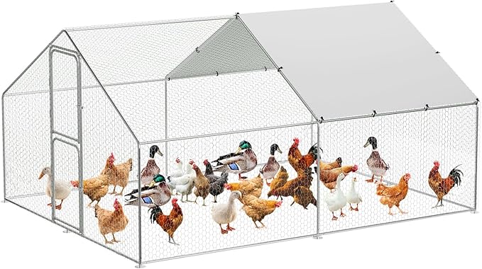 6.6FT Height Walk in Chicken Coop Metal, Outdoor Chicken Run with Split Door, Waterproof & UV Resistant Cover, Large Poultry Cage for Goose Rabbit, Duck Houses for Outside Yard Farm