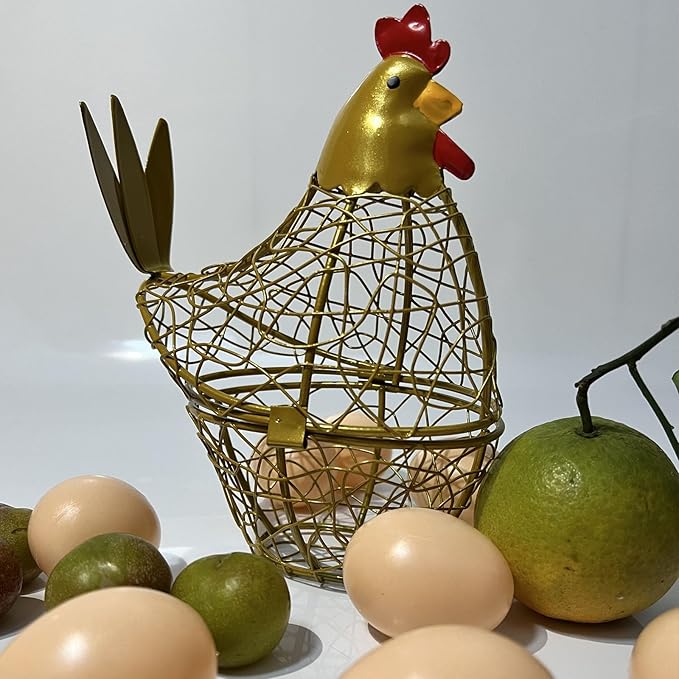 Wire Chicken Egg Basket for Desktop Decorative Ornaments,Egg Holder Chicken Shape Metal Egg Basket for Kids Gathering Fresh Eggs Farmhouse Rooster Wire Basket for Kitchen Countertop Decoration (Gold)