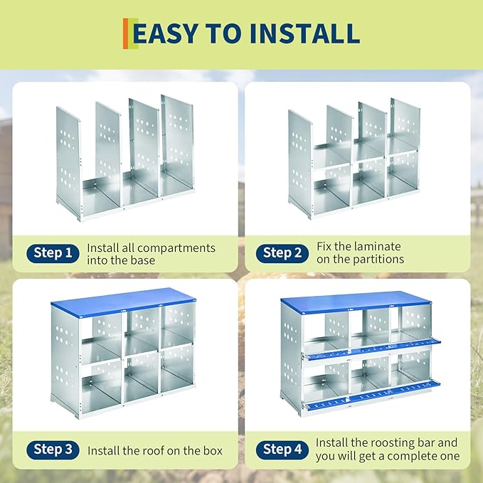 Metal Chicken Nesting Boxes - 6 Hole Wall-Mountable Laying Boxes with Roll-Away Egg Collection, Weatherproof Galvanized Steel, for Chicken Coop, Blue